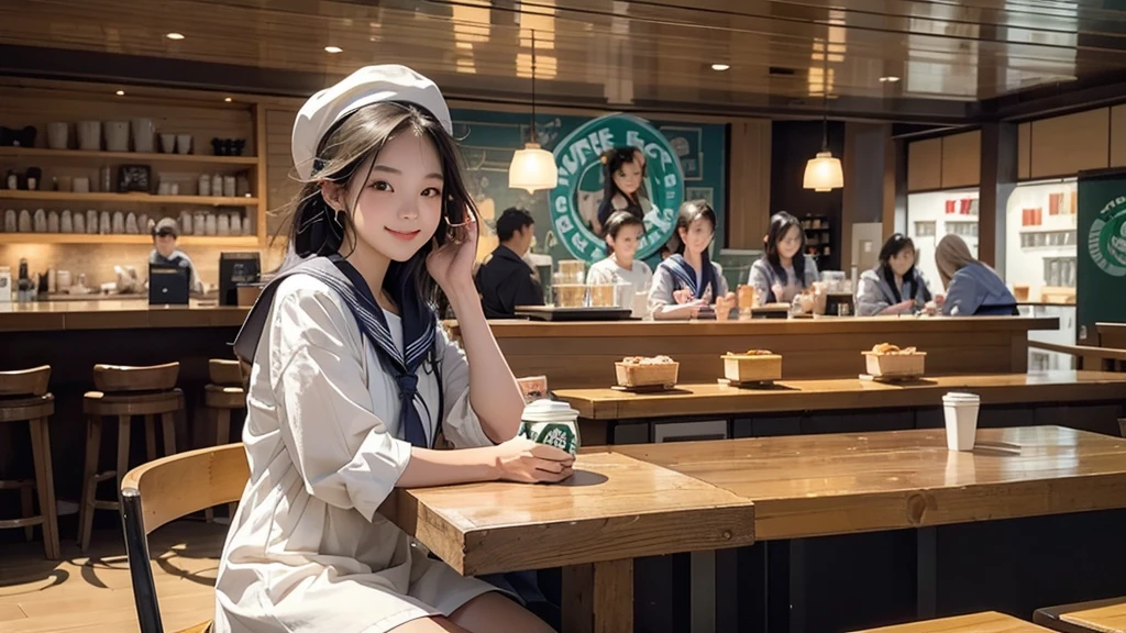 
(((((((Junior high school girl in sailor suit)))))))
(((((お洒落でcuteInside the Starbucks store)))))
8K、RAW Photos、Highest quality、Super detailed、Super Resolution、Ultra HD、8K壁紙、Amazing details



(((((((Inside the Starbucks store)))))))、((((((Sit down and eat cake、Drink Starbucks coffee、smile))))))、((Heart Necklace))




Modern and sleek design：Interior design using natural materials、Many of the designs are warm and made using wood and metal.。
Large windows：自然光をたっぷり取り入れるためのLarge windowsがあり、Providing a bright and open space。
Green Interior：Potted plants are effectively placed、It creates a relaxing atmosphere。
artwork：Works by local artists、Starbucks-related art on display。
Cozy seating：Cushioned chairs and sofas、Bar sheet etc.、A variety of seating options available。
Open kitchen area：Being able to see how drinks and food are made、We provide peace of mind and transparency。
Unique lighting：Antique lamps and chandeliers、Modern lighting fixtures are used。
Comfortable background music：Relaxing music is playing、A comfortable space is provided。
Wide々Table space：一人でもグループでも使いやすいWide々There is a table with。
Community Table：There is a large table where you can socialize with other customers.。
Seasonal decorations：The decorations are themed according to the season.。
Design with a local feel：The design incorporates the local culture and characteristics.。
Fragrance production：コーヒーの香りが店内にWideがり、A space that satisfies the five senses has been created.。
Conversation with a barista：フレンドリーなConversation with a baristaが楽しめるカウンターエリアがあります。




8K、RAW Photos、Highest quality、masterpiece:1.2、Super detailed、Super Resolution、Ultra HD、8K壁紙、Amazing details、Photorealistic:1.4、Having fun by the water、Full Body Shot、Full body photo、High-resolution RAW color photos、Professional photos、A scene full of emotion、Very detailed and beautiful、Ultra HD、8K壁紙、Amazing details、Huge file sizes、Highly detailed beautiful girls、Highly detailed face Highly detailed eyes、Extremely realistic skin、 Highly detailed fingers, Highly detailed nose, Highly detailed mouth, Perfect Anatomy, Highly detailed background, Highly detailed clothing, Teen, cute女の子, Famous Japanese Idols, cute, Realistic body, Slender, White skin, Glowing Skin, Slim body, Realistic Face, Delicate eyes, double eyelid, 

