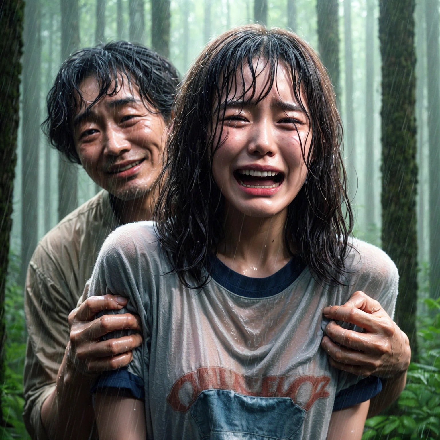 "A beautiful 17-year-old Korean woman, crying, caught in the rain with wet clothes, wearing a t-shirt, wavy bob hair, being grabbed from behind by a 40-year-old Indonesian man with a creepy smile. The background shows a forest scene with tall trees, realistic."