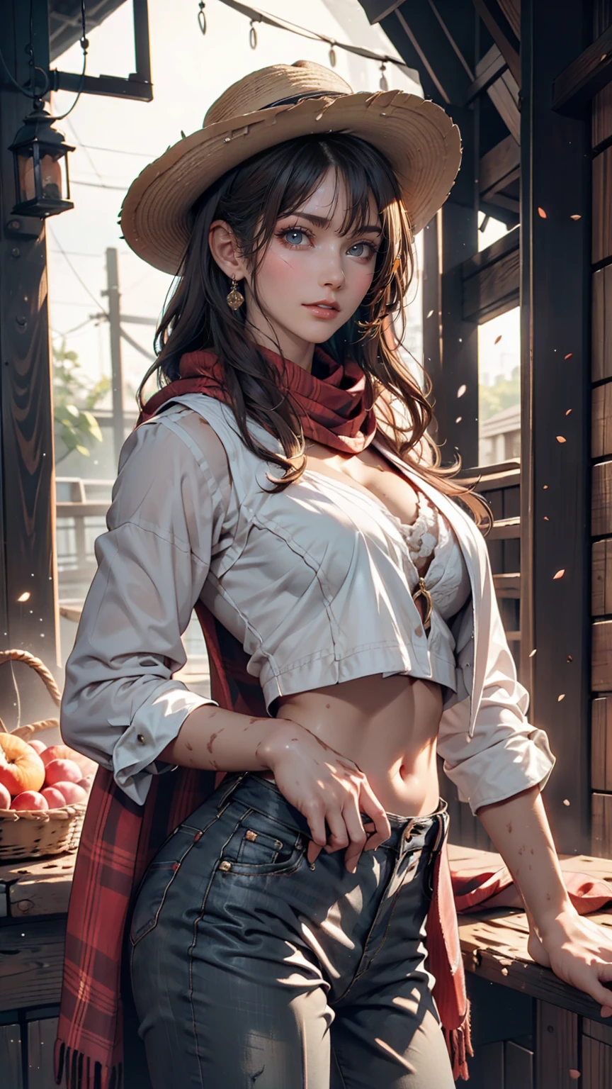24 year old Caucasian female、Sexy proportions、Narrow waist、slender、Cowgirl、Wrap a red scarf around your neck、wear skinny jeans、Wear a checked long-sleeved shirt、On a ranch in the Midwest、Dairy Cow Background、Wearing a cowboy hat、Cowboy Shot