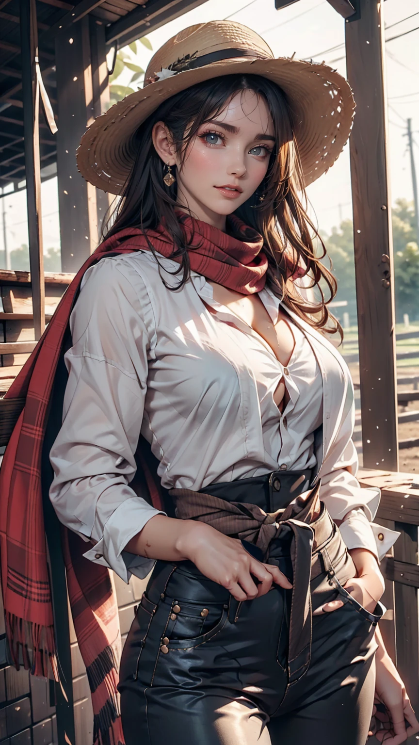 24 year old Caucasian female、Sexy proportions、Narrow waist、slender、Cowgirl、Wrap a red scarf around your neck、wear skinny jeans、Wear a checked long-sleeved shirt、On a ranch in the Midwest、Dairy Cow Background、Wearing a cowboy hat、Exploring the ranch on your beloved horse