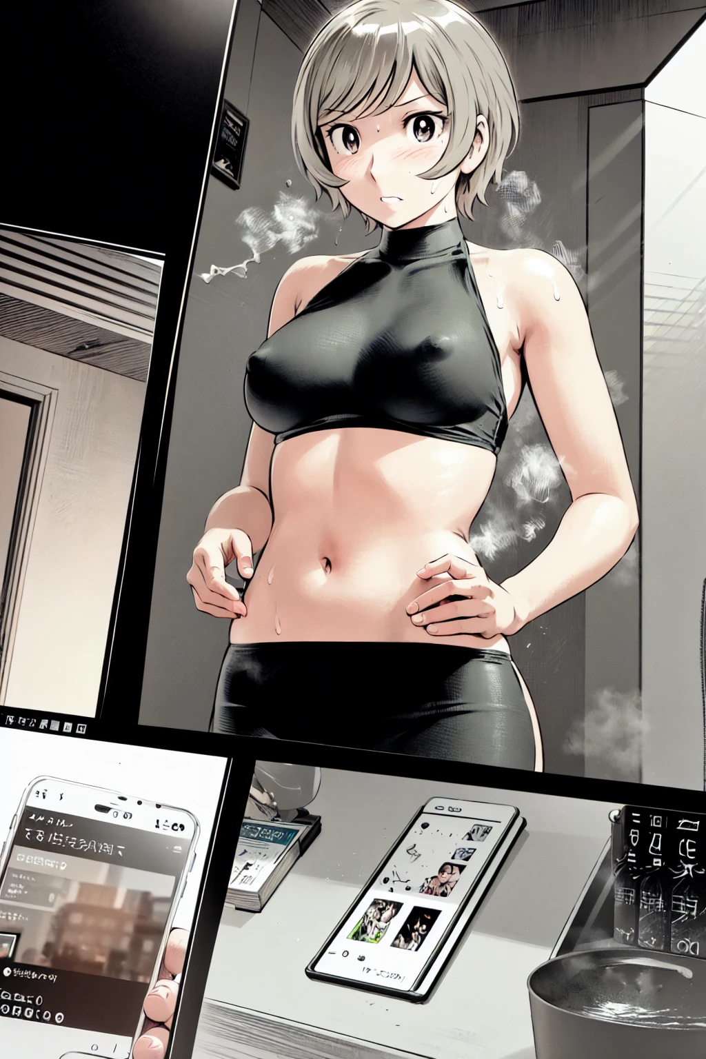 、(masterpiece、Highest quality)、Highest quality, Ultra-high resolution, (((masterpiece))), alone, Sweat、Big eyes, Composition from the front、Shortcuts、Embarrassed face、Bronze colored hair、Cut the back hair short、Bathroom、Shower scene、 Expose、Completely naked、pubic hair、belly button、Large areola、Nipples、short hair