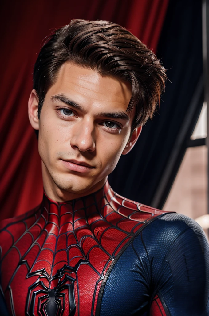 A photograph of spider man, no mask, 20 yo, handsome, detailed face, looking at camera, portrait, 8k uhd, high quality