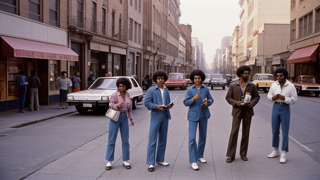 A 1980s street scene with various people using the first mobile phones, emphasizing its introduction to daily life.