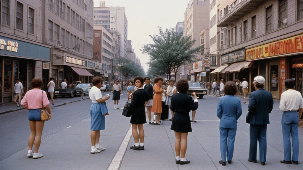 A 1980s street scene with various people using the first mobile phones, emphasizing its introduction to daily life.