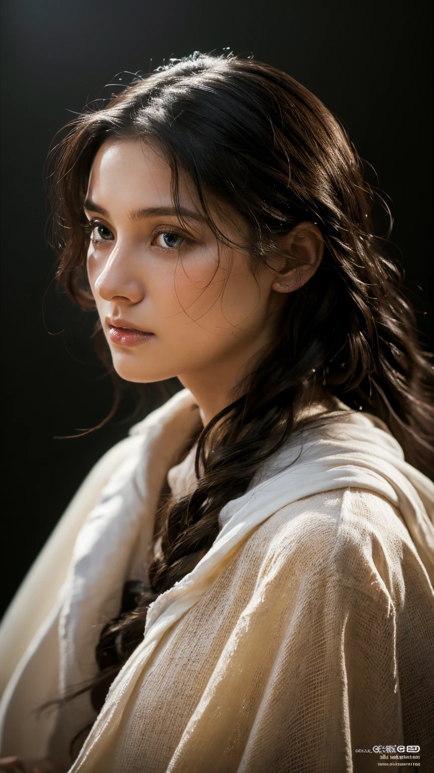 (Front Focus), (White background), Hyperrealist Female Portrait by David Hockney and Alphonse Mucha, Fantasy art, Photo Real, Dynamic Lighting, Art Station, Poster, Volumetric lighting, Highly detailed face, 4k yen, Awards, One girl, In the Dark, Modest, Cowboy Shot, Long Hair, Black Hair