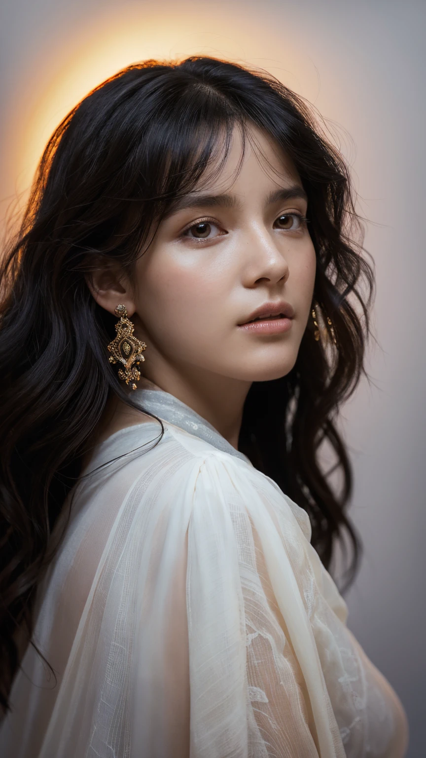 (Front Focus), (White background), Hyperrealist Female Portrait by David Hockney and Alphonse Mucha, Fantasy art, Photo Real, Dynamic Lighting, Art Station, Poster, Volumetric lighting, Highly detailed face, 4k yen, Awards, One girl, In the Dark, Modest, Cowboy Shot, Long Hair, Black Hair