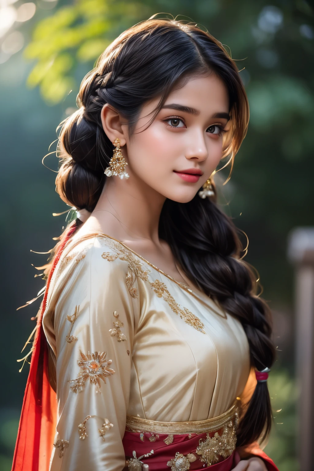 A breathtakingly beautiful 18-year-old girl named Anikha, who is the epitome of elegance and charm. She stands out as the central focus of this ultra-detailed, 8K resolution masterpiece with a perfect score of 9 and a UHD rating of 1.3. Her delicate facial features are captured with a stunning realism that's amplified by a majestic score of 1.5, making her appear as if she's stepped out of a high-definition dream. Her skin glows with a soft blush, perfectly accentuating her detailed, natural beauty. Her eyes, a rich brown, are filled with a blissful vibe, reflecting the cinematic lighting that surrounds her. They are so realistic and sharp that they seem to hold secrets of the universe within them. The exquisite twin braids of her long, shining hair are adorned with a hair ornament that adds an extra touch of elegance to her already flawless look. The background, a canvas of blurred perfection with a score of 1.7 for background blur, showcases an intricate  design that complements the overall aesthetic without overwhelming the main subject.
