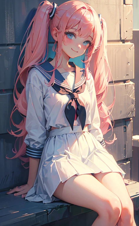 (masterpiece, top quality, very aesthetic, 4k、illustration), intricate detail, 1girl,Sit leaning against a wall、(cowboy shot)、light smile、(Super long sideburns)、
Cute 、pink hair、twintails,middle hair,sidelock ,high school girl,blue eyes、serafuku、sailor uniform、small breasts,Slim 、