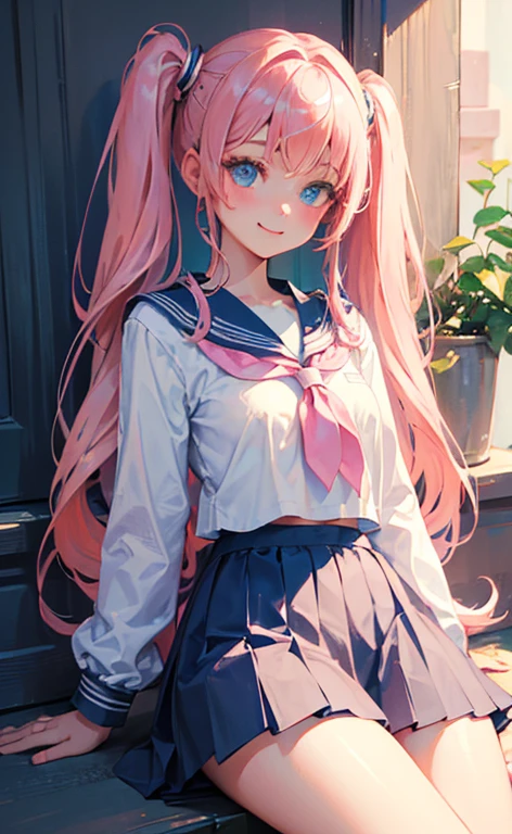 (masterpiece, top quality, very aesthetic, 4k、illustration), intricate detail, 1girl,Sit leaning against a wall、(cowboy shot)、light smile、(Super long sideburns)、
Cute 、pink hair、twintails,middle hair,sidelock ,high school girl,blue eyes、serafuku、sailor uniform、small breasts,Slim 、
