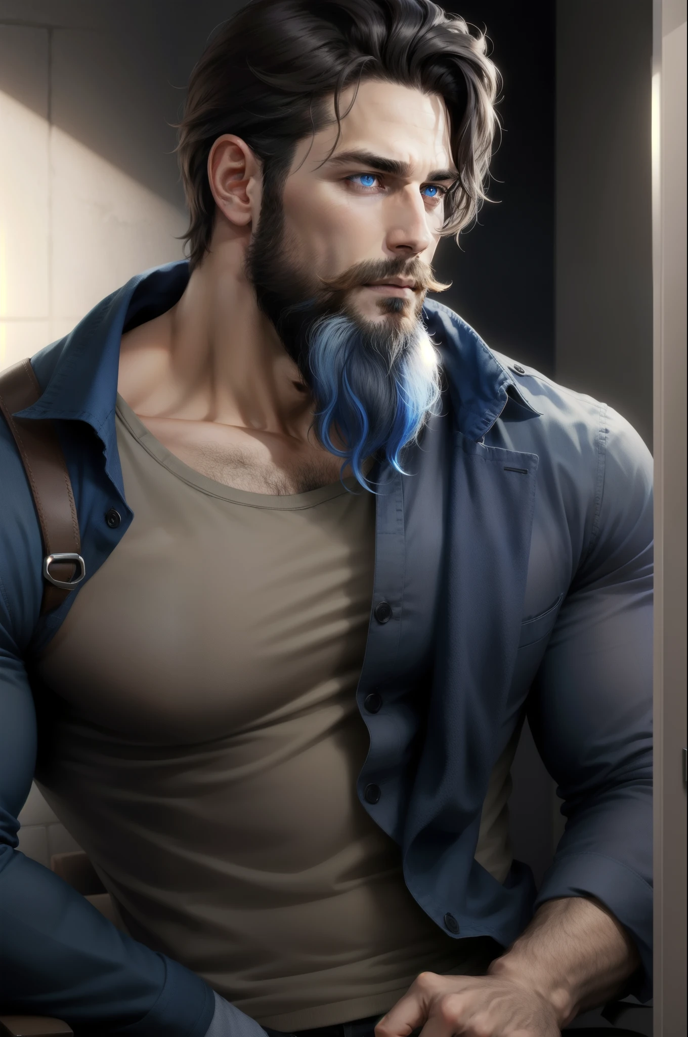 A man with blue eyes and a beard and dark hair