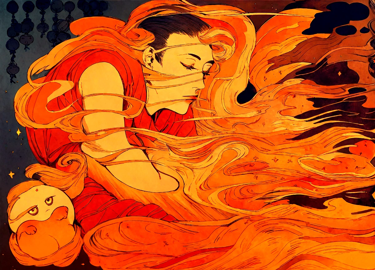 painting of a man with a fire breathing body and a fireball, botticelli and victo ngai, james jean and victo ngai, victo ngai style, victo ngai and tristan eaton, inspired by Victo Ngai, ( ( victo ngai ) ), by Victo Ngai, victo ngai! muted colors