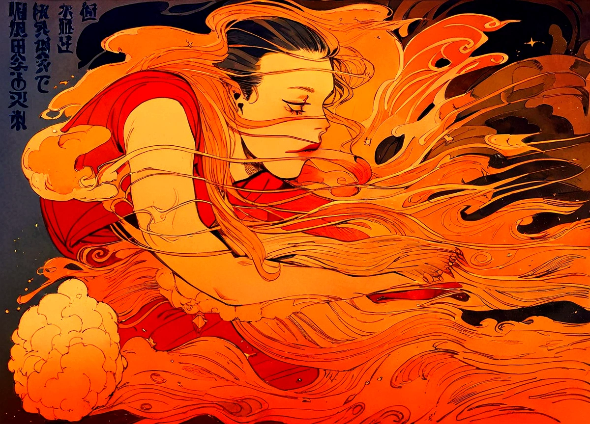 painting of a man with a fire breathing body and a fireball, botticelli and victo ngai, james jean and victo ngai, victo ngai style, victo ngai and tristan eaton, inspired by Victo Ngai, ( ( victo ngai ) ), by Victo Ngai, victo ngai! muted colors