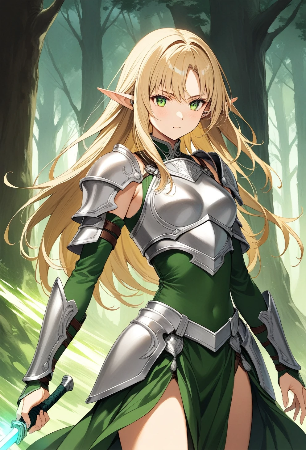 Create a full-body illustration of a young female elf warrior. She has long, flowing blonde hair and piercing green eyes. She is wearing silver armor with intricate designs, and she holds a glowing sword in her right hand. Her expression is determined and fierce, ready for battle. The background is a mystical forest with ancient trees and a glowing mist.
