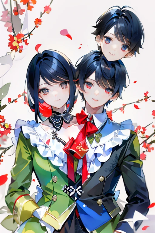 (masterpiece, best quality), best resolution, 2others, couple, 1boy and 1girl with 2heads, (1boy:1.8), swapped heads, headswap, short hair boy, long hair girl,  black hair color, different hair style, male and female conjoinment, clean eyes, man and woman