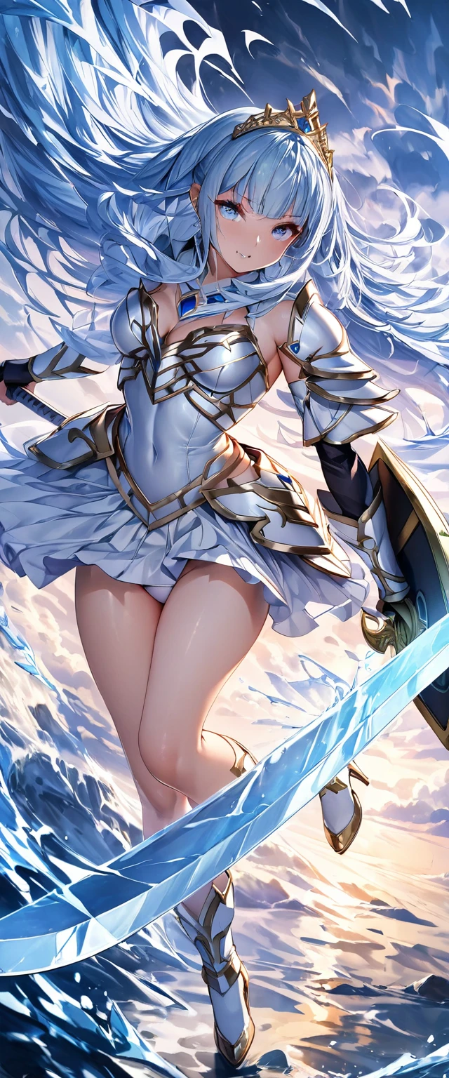 (Perfect Anatomy)、Mastepiece、Ultra High Quality、 8K、masterpiece、Highest quality、Ultra-high resolution、Maximum resolution、Very detailed、Professional Lighting、anime、woman、thin、so beautiful、Highly detailed eye、Highly detailed face、Blue and white armor, , Golden decorated luxury tiara，Golden earrings，Frilly Armor，Light blue hair, blue eyes，White underwear、Gloss Lip、grassland, full body, dynamic angle, dynamic pose, Heroic pose, pillars of ice, (((long sword))), (((shield))), Defending with water magic, Making eyes glow, flying attack, Swinging down a sword, goddess armor, high heels, floating hair