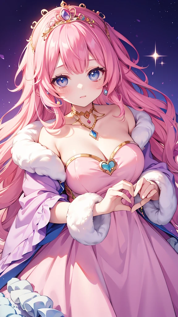 young woman,Anime Style,Pink Curly Hair,Blue Eyes,Fluffy eyelashes,Delicate pink cheeks,Luxurious blue dress,Detailed Jewelry,tiara,Colorful background,Abstract shapes,heart