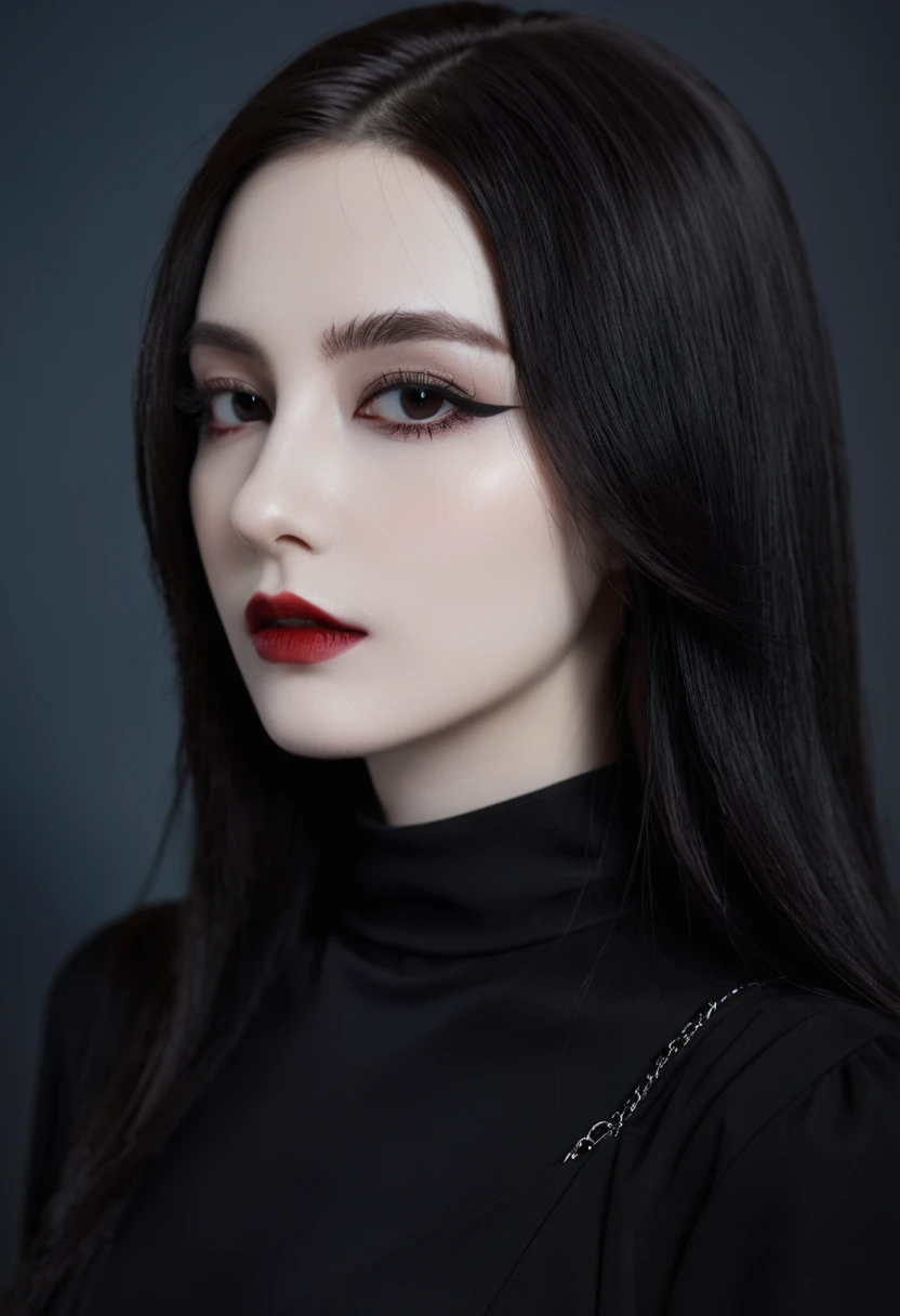 (high quality: 1.3), Lenses, masterpiece, (Clear focus: 1.5), (Reality: 1.3), Medium Portrait (A young beautiful vampire woman, Pale skin, Gothic, Still proud and fierce, Black Straight long Bob Hairstyle, Dark, Wearing a very fine dark tunic, Dark atmosphere, Instead, it uses sharp contrasts of light and dark to create shapes.), It&#39;s night, (Very delicate skin), (Delicate face),  Detailed background, Dim Lights, Dusk lighting, Volumetric Lighting, Intricate details, Ultra HD,