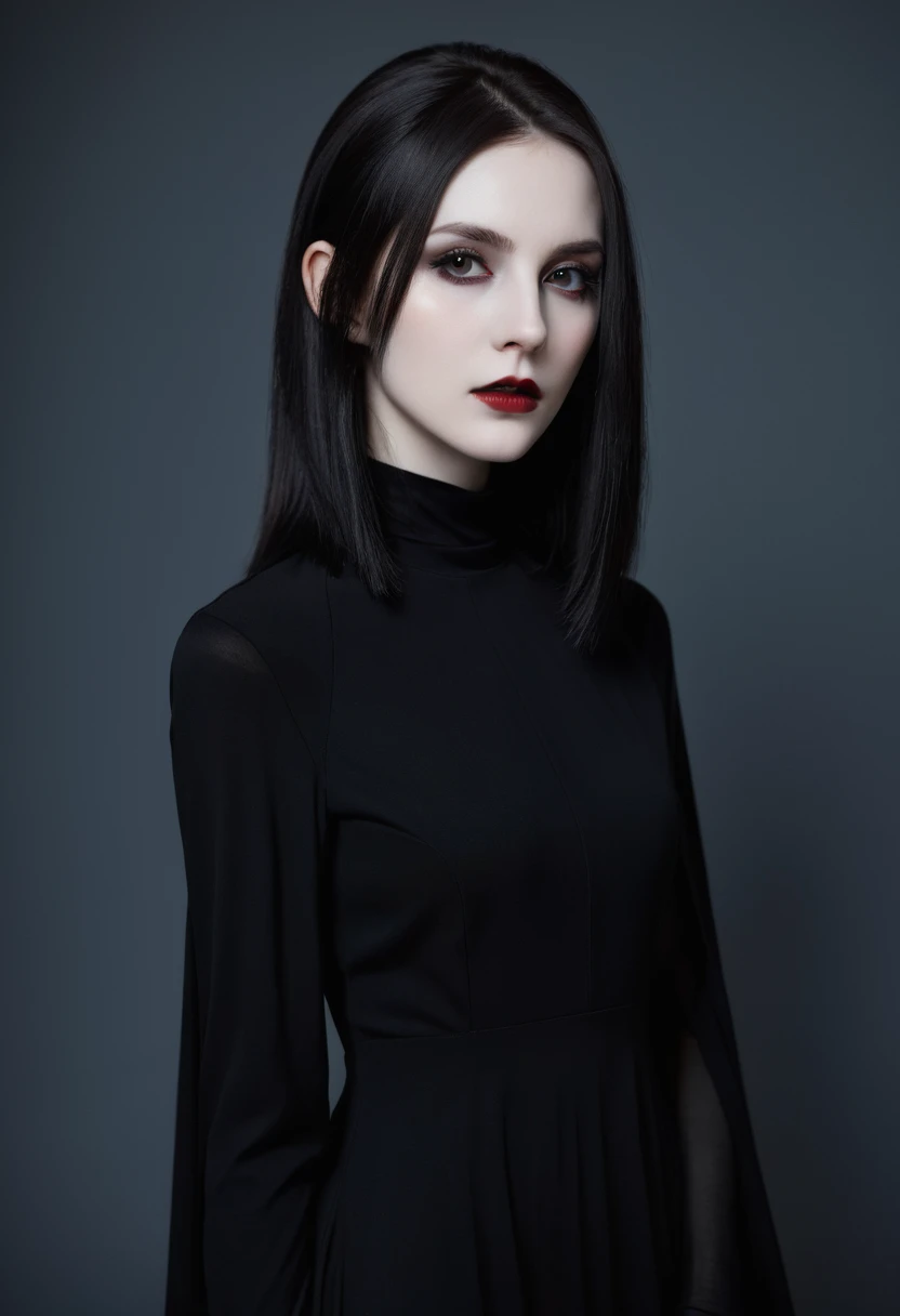(high quality: 1.3), Lenses, masterpiece, (Clear focus: 1.5), (Reality: 1.3), Medium Portrait (A young beautiful vampire woman, Pale skin, Gothic, Still proud and fierce, Black Straight long Bob Hairstyle, Dark, Wearing a very fine dark tunic, Dark atmosphere, Instead, it uses sharp contrasts of light and dark to create shapes.), It's night, (Very delicate skin), (Delicate face), Detailed background, Dim Lights, Dusk lighting, Volumetric Lighting, Intricate details, Ultra HD,