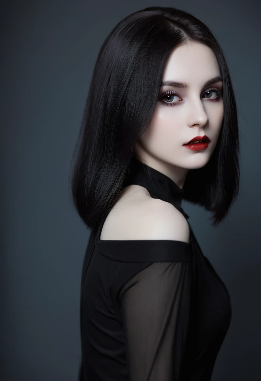 (high quality: 1.3), Lenses, masterpiece, (Clear focus: 1.5), (Reality: 1.3), Medium Portrait (A young beautiful vampire woman, Pale skin, Gothic, Still proud and fierce, Black Straight long Bob Hairstyle, Dark, Wearing a very fine dark tunic, Dark atmosphere, Instead, it uses sharp contrasts of light and dark to create shapes.), It's night, (Very delicate skin), (Delicate face), Detailed background, Dim Lights, Dusk lighting, Volumetric Lighting, Intricate details, Ultra HD,