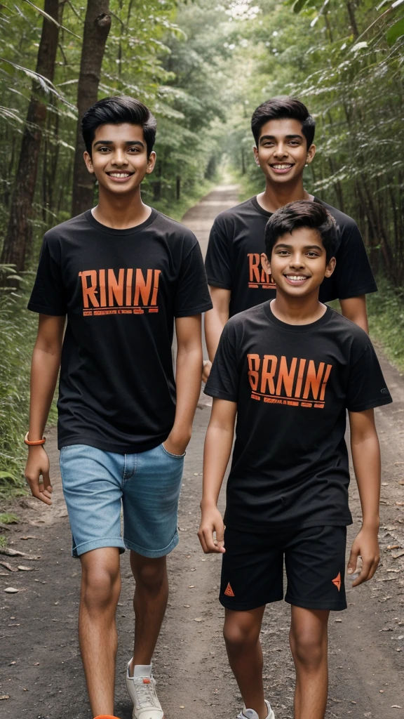 18 years old two indian boys walking on forests
road, they are talking each other with laughing, first boy is wearing Orange T-shirt, and second boy wearing Black T-shirt, realistic image, 4k quality image. the words Ak Smiley written at top sky .