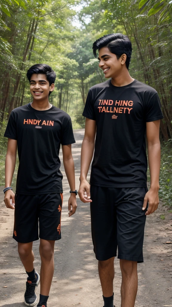 18 years old two indian boys walking on forests
road, they are talking each other with laughing, first boy is wearing Orange T-shirt, and second boy wearing Black T-shirt, realistic image, 4k quality image. the words Ak Smiley written at top sky .