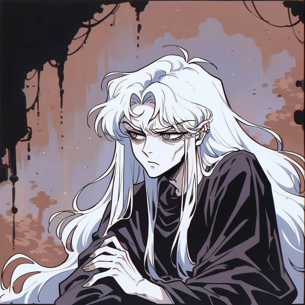 vintage, amazing details, Best quality, Motion Blur, surreal, Dreamy, very detailed, (Natural skin texture, soft light), (((Beautiful, high quality, a lot of details))), ((1 boy,)) Beautiful young boy, portrait, thin young man, Long white hair, pale skin, sad look, Painful face, Gloomy atmosphere, feeling of loneliness, black robe, looking into the camera