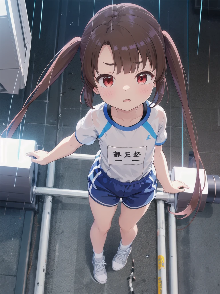 1girl,{{{{Thick brown rope_cling}}}},Rope climbing,Going up,A view from above,(Aerial),Watching the audience,Outdoor,night,rain,Light,White square bib number,White gym clothes,Red eyes,Long twin tails,Brown Hair,Eyebrows visible through hair,Flat Chest,,Focus on face, 