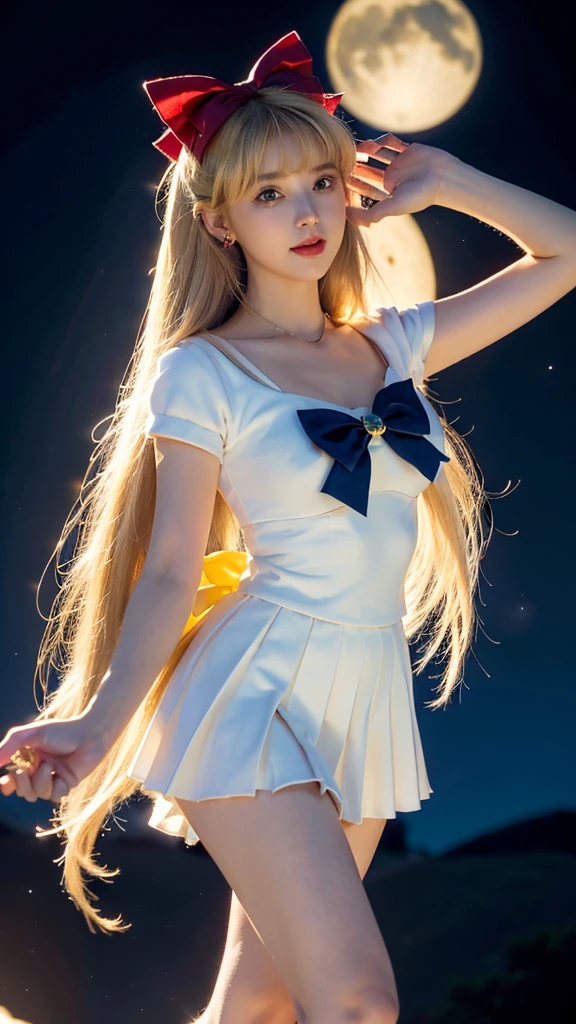 Create a highly detailed image of a character inspired by Sailor Venus from the Sailor Moon series. She is standing confidently, showcasing her iconic sailor scout uniform. The uniform includes a pristine white bodice with a large, vibrant orange bow at the chest, and a blue collar adorned with white stripes. Her skirt is a bright yellow, pleated and flowing. Instead of her usual white socks, she is wearing elegant, sheer black stockings that highlight her legs and add a sophisticated touch to her outfit. She also wears white gloves that extend to her elbows, each accented with a small orange bow. Her long, flowing blonde hair is styled with a prominent red bow on top. She has striking blue eyes, a confident smile, and her signature red bow earrings. The background features a vivid night sky filled with twinkling stars and a crescent moon, enhancing the magical and celestial theme of the series. The overall style should emphasize the details of her outfit, making it the focal point of the image.