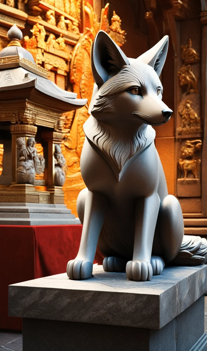 figure, Digital Art, Base T Style, Beautiful Fox, Stone statue,Focus on animals, Digital Painting, Medium Shot, Sharp focus, Concentration, society, CG-10 ..., detailed,
interior design, shrine, detailed background