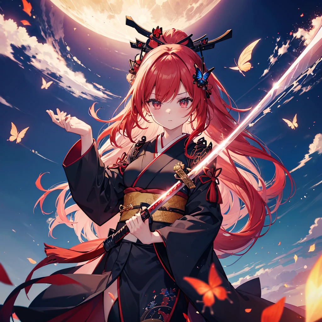 ((High resolution Redhead Long Hair Black kimono red band Goddess of victory Lonely sorrow)) ((Red butterfly night Japanese style shoulder old Shining Aura rain)) (((Holding a sword Japanese sword long blade Light reflected on the sword)))moon star Draw your sword Slashing Catch the wind autumn