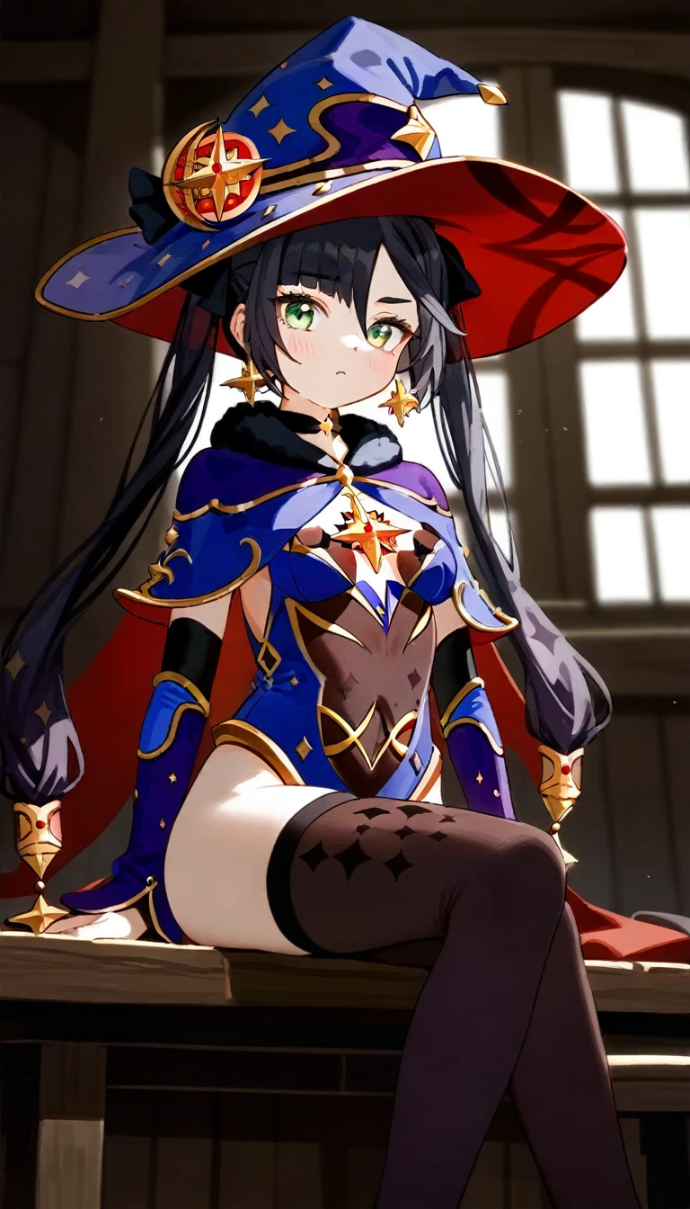 masterpiece,Ultra HD,score_9, score_8_superior, score_7_superior, score_6_superior,score_4_superior BREAK source_anime, One girl, alone, Mona XL, Long black hair, Green Eyes, tsurime, Twin tails, Medium chest, Witch Hat, Body stockings, leotard, Elbow hand pockets, Thigh guard, fur-trimmed capelet,Inside the hut, Sitting, View your viewers,