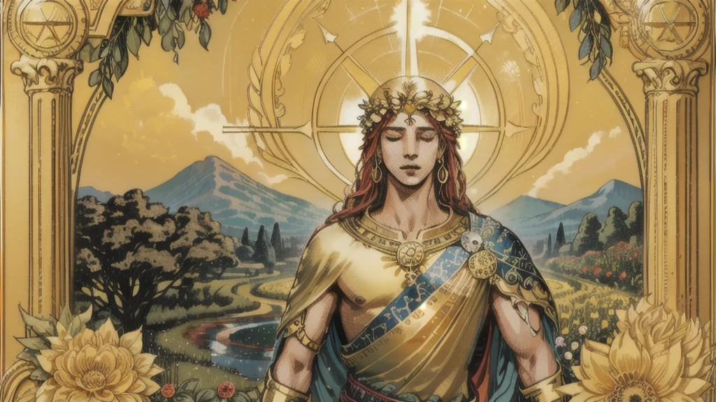 (top quality, masterpiece), (Tarot, Tarot card,:1.1) : Caring figure, surrounded by symbols of abundance and healing.. Drawing a male Apollo in a lush garden., laurel wreath on the head, Exudes trusting energy、Surrounded by nature, Golden, upper body, Gold Frame