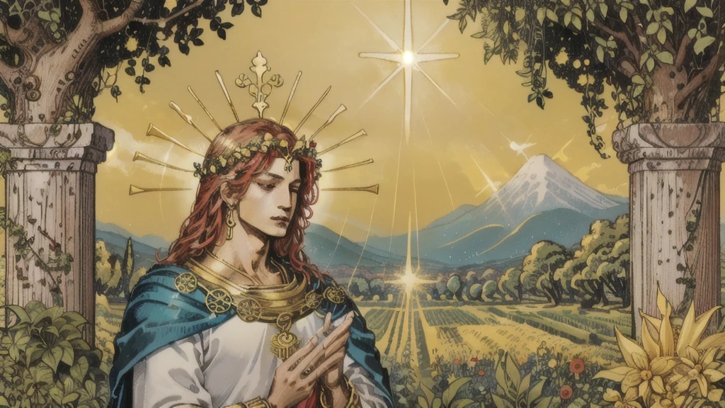 (top quality, masterpiece), (Tarot, Tarot card,:1.1) : Caring figure, surrounded by symbols of abundance and healing.. Drawing a male Apollo in a lush garden., laurel wreath on the head, Exudes trusting energy、Surrounded by nature, Golden, upper body, Gold Frame