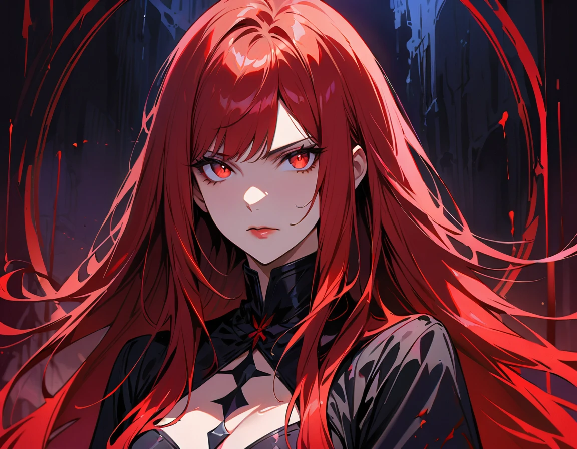 Long crimson hair, crimson eyes, evil, sexy, black and red clothes, evil face, evil, serious look, gloss lips, sinister, front look, bloody, gloves, close up, portrait, beautiful eyes, short dress, big white, dark place, night, sensual, straight hair cut, clear skin, evil, young 30 years girl, adult girl, solo, red, very long hair, ankle length hair, handsome older WOMAN,crimson-eyes,crimson pupils,Long red hair,Hyperresolution,accuracy,Detailed rendering,(Image of fine hair)(topquality)(Masterpieces of masters)(High degree of completeness)(A sense of atmosphere)tmasterpiece,Super detailed and super detailed(((half-body portrait)))