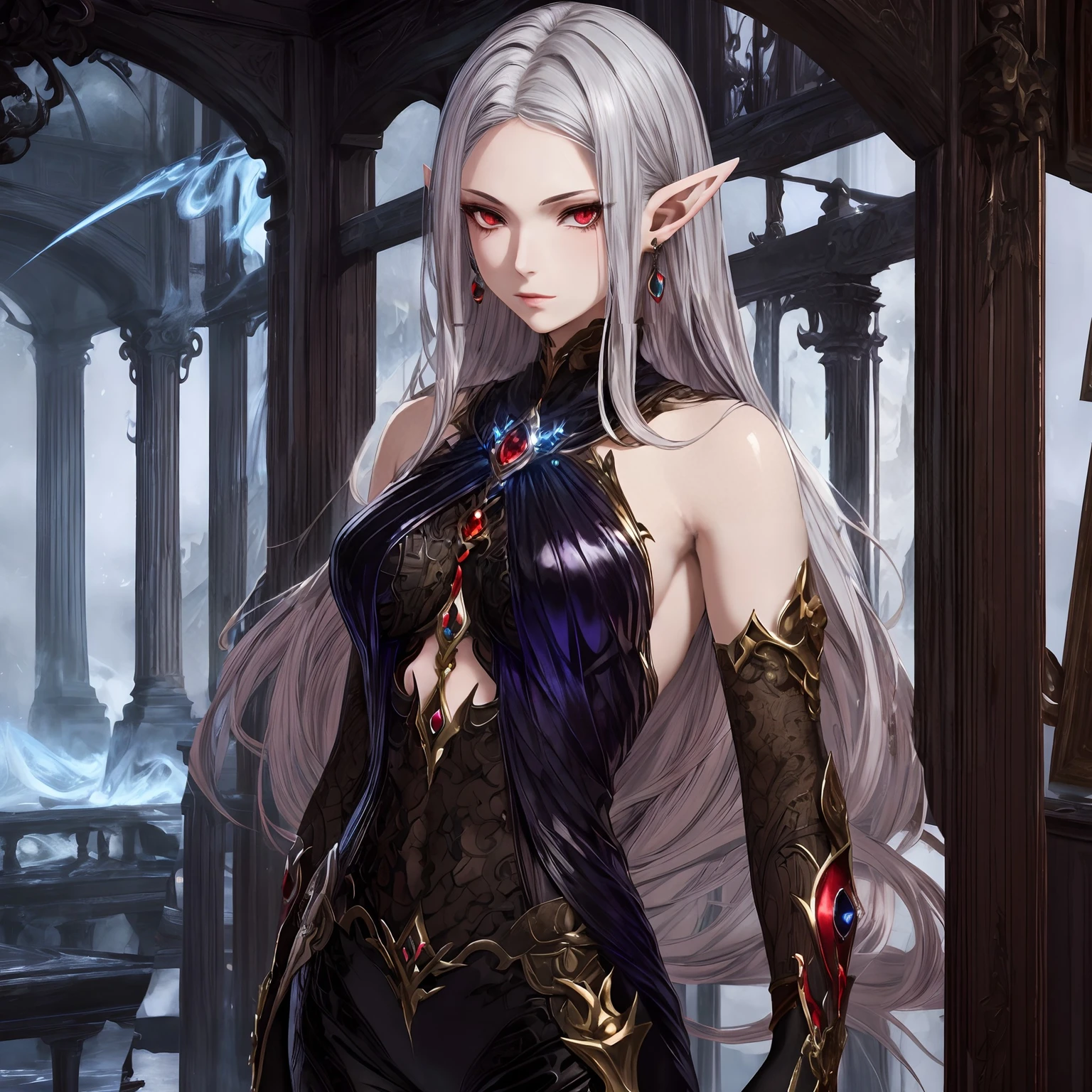 masterpiece, best quality, Fantasy aesthetics, Highly detailed, shadowverse style. female, elf, red eyes