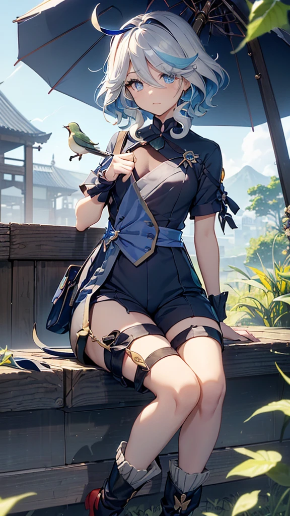 雲の上of飛び跳ねる猫耳少年、Short Hair、Black glossy hair、Curly hair on the outside、Gold and blue eyes、Black and grey string choker with bells、((big leaf umbrella)of((Have)))雲と雲の合間ofジャンプ、Blue short sleeve、jumpsuit with shorts、Brown waist pouch、Red boots、One is wearing、One is coming off、Yellow Small(A bird is perched on top of my head)