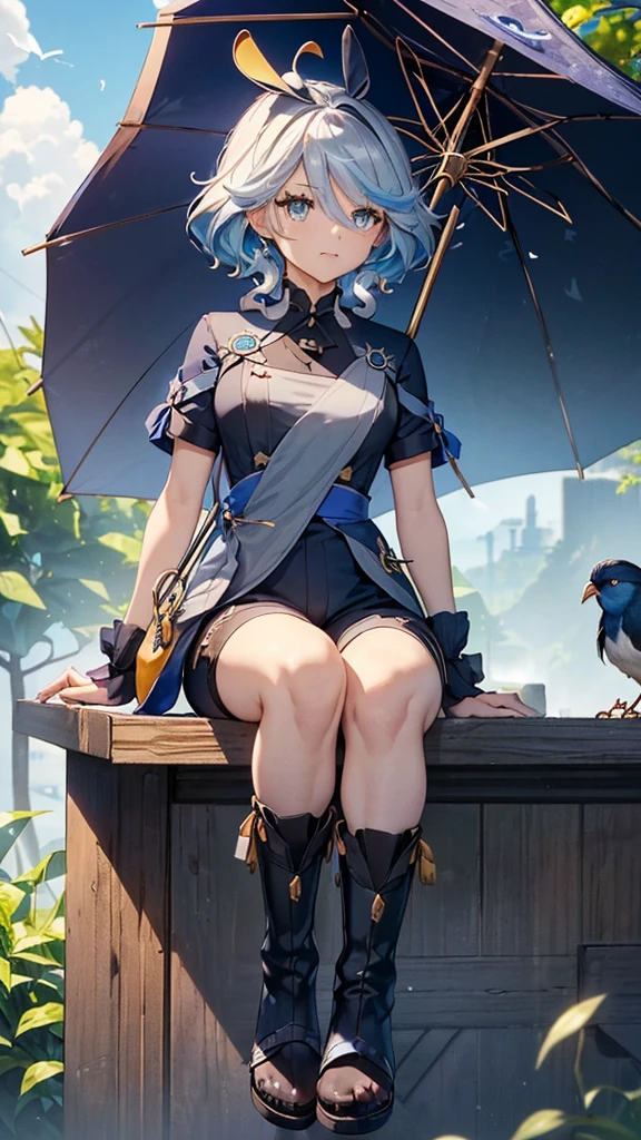 雲の上of飛び跳ねる猫耳少年、Short Hair、Black glossy hair、Curly hair on the outside、Gold and blue eyes、Black and grey string choker with bells、((big leaf umbrella）of((Have)））雲と雲の合間ofジャンプ、Blue short sleeve、jumpsuit with shorts、Brown waist pouch、Red boots、One is wearing、One is coming off、Yellow Small(A bird is perched on top of my head）