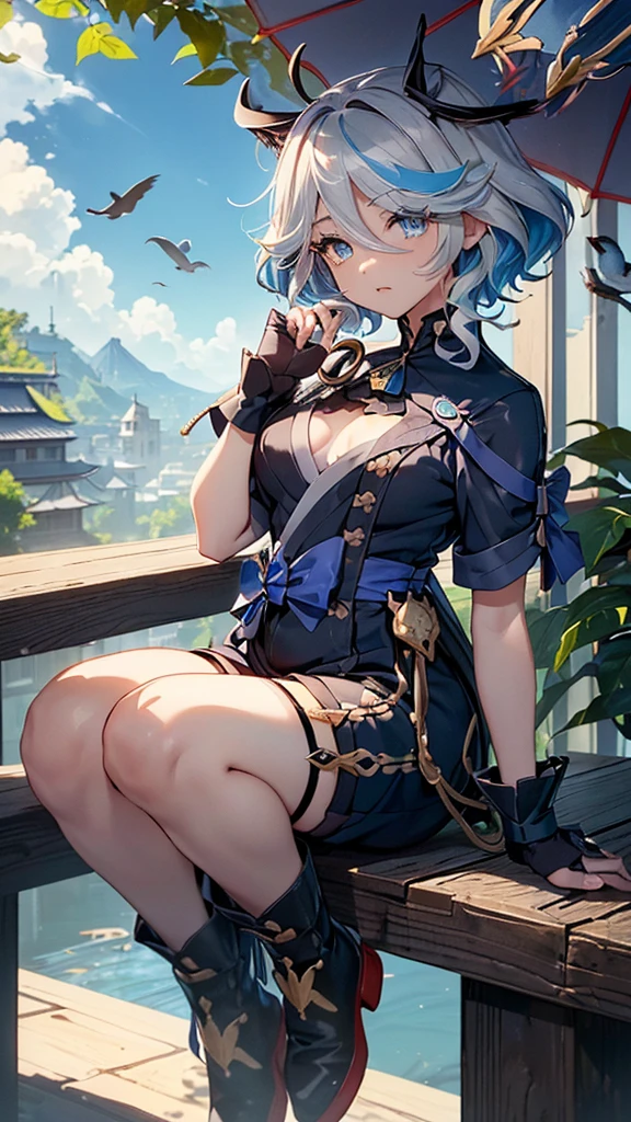 雲の上of飛び跳ねる猫耳少年、Short Hair、Black glossy hair、Curly hair on the outside、Gold and blue eyes、Black and grey string choker with bells、((big leaf umbrella)of((Have)))雲と雲の合間ofジャンプ、Blue short sleeve、jumpsuit with shorts、Brown waist pouch、Red boots、One is wearing、One is coming off、Yellow Small(A bird is perched on top of my head)