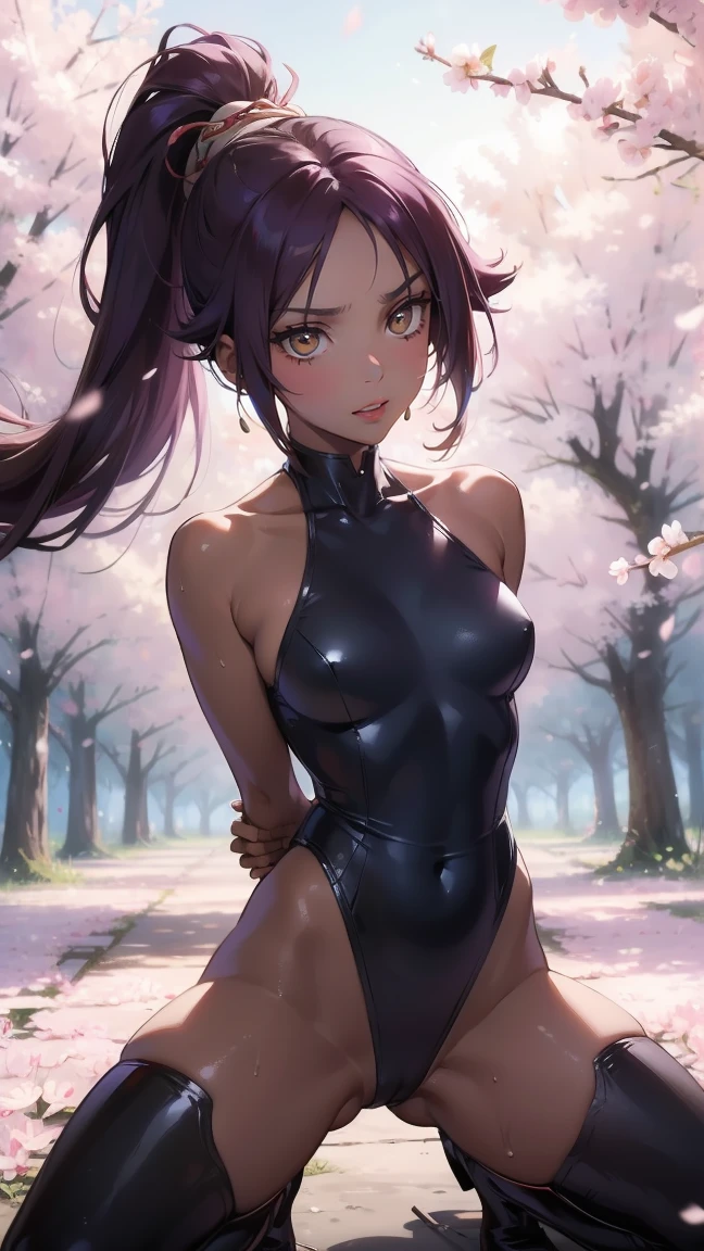 (masterpiece), Highest quality, Expressive eyes, Perfect Face, View your viewers, One girl, alone, Mature Woman, Mouth closed, (((Dark skinned women))), (((Dark Skin))), (leotard), black leotard, Elbow hand pockets, Bare shoulders, clavicle, Yellow Eyes, Purple Hair, Long Hair, ponytail, (forest), (spring), cherry blossoms, null, Yoruichi、Sweating with aphrodisiac、Sweat makes the fabric transparent and your skin is visible through it，The aphrodisiac circulates throughout the body、Have patience、On the brink of climax、Constraints、ロープによるConstraints、Constraints、Kneel，Hands tied behind back、Chained with an iron collar
