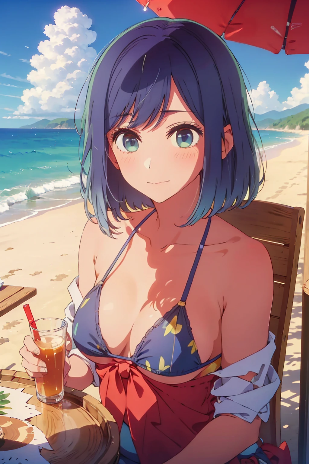 (Highest quality:1.4、masterpiece:1.4、Super detailed:1.4、8K:1.4)、((((1 person、Surprised expression、sit、Outdoor café terrace、coastal、juice、table、Sandy Beach、juiceのグラスを持つ、Plain Bikini、The depth of the written world、Very soft boobs、Big eyes、Very cute face))))、F cup bust、Medium breast、Underboob、Sideboob
