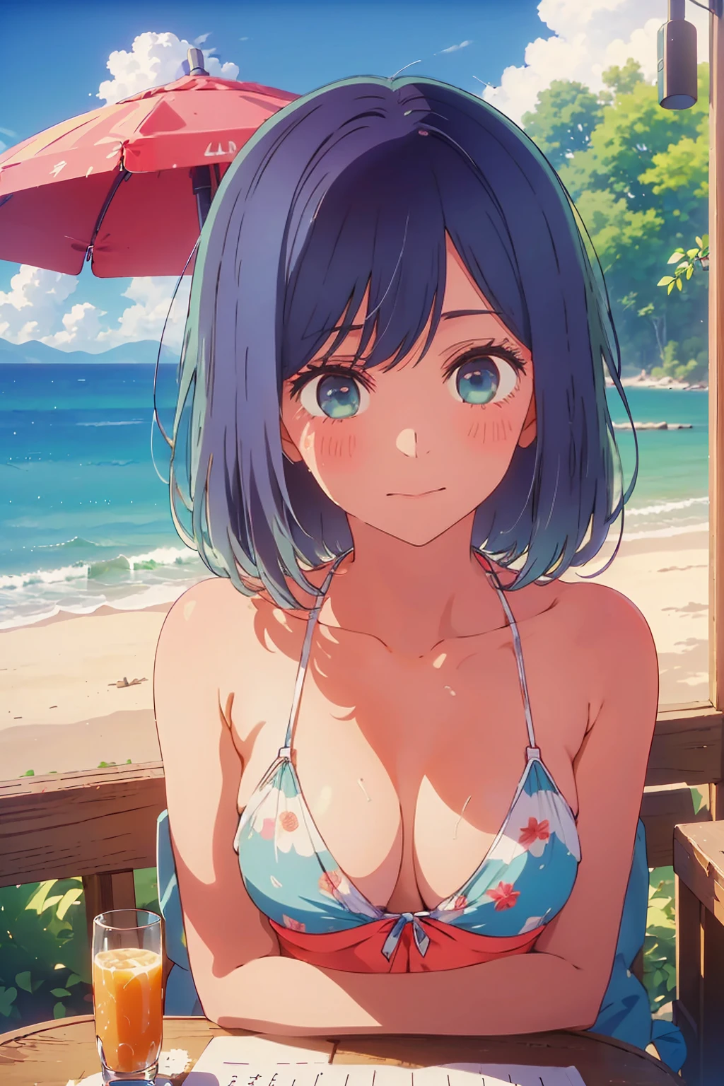 (Highest quality:1.4、masterpiece:1.4、Super detailed:1.4、8K:1.4)、((((1 person、Surprised expression、sit、Outdoor café terrace、coastal、juice、table、Sandy Beach、juiceのグラスを持つ、Plain Bikini、The depth of the written world、Very soft boobs、Big eyes、Very cute face))))、F cup bust、Medium breast、Underboob、Sideboob