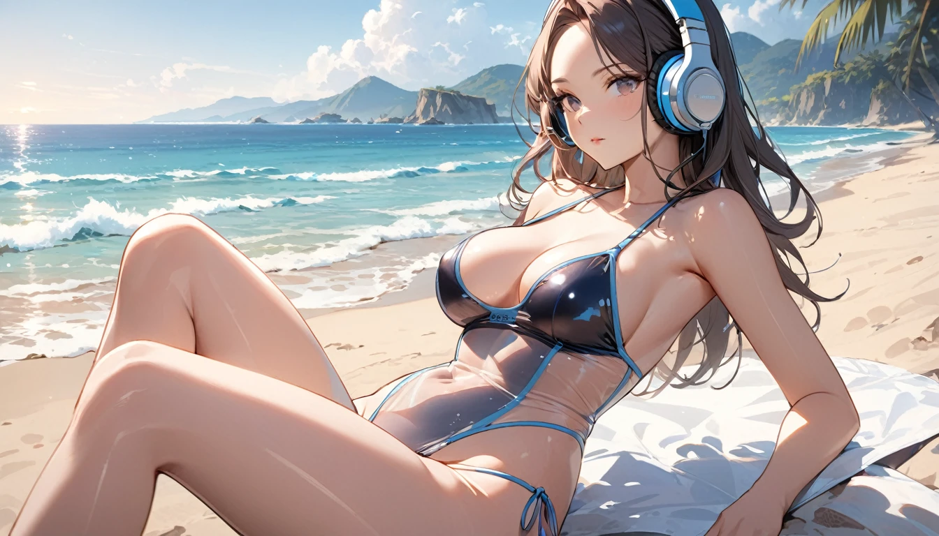 ((Top Quality)), ((Masterpiece)), ((Details)), perfect face, perfect body, sitting by the beach, listening to music, wearing headphones, wearing swimsuit, transparent swimsuit, wearing clothes exposing tight hips and breasts Woman with face visible, sitting with legs apart