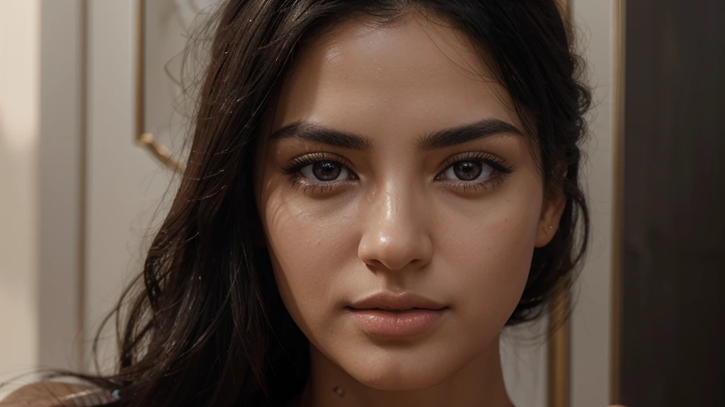 Create a highly detailed and photorealistic portrait of a Moroccan girl with long, black hair. She should have strikingly beautiful eyes, detailed lips, and flawless skin. Her gaze should be mesmerizing, framed by elegant facial features and a chiseled jawline. Include thick eyebrows and lush eyelashes, capturing the essence of her warm lighting and soft focus. The composition should feel cinematic, with rich colors, dramatic shadows, ambient occlusion, and volumetric lighting to enhance depth and realism. The final artwork should be in the highest quality, suitable for 4k or 8k resolution, aiming for a masterpiece level of detail and realism.