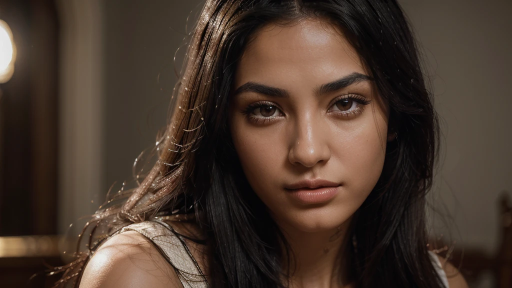 Create a highly detailed and photorealistic portrait of a Moroccan girl with long, black hair. She should have strikingly beautiful eyes, detailed lips, and flawless skin. Her gaze should be mesmerizing, framed by elegant facial features and a chiseled jawline. Include thick eyebrows and lush eyelashes, capturing the essence of her warm lighting and soft focus. The composition should feel cinematic, with rich colors, dramatic shadows, ambient occlusion, and volumetric lighting to enhance depth and realism. The final artwork should be in the highest quality, suitable for 4k or 8k resolution, aiming for a masterpiece level of detail and realism.