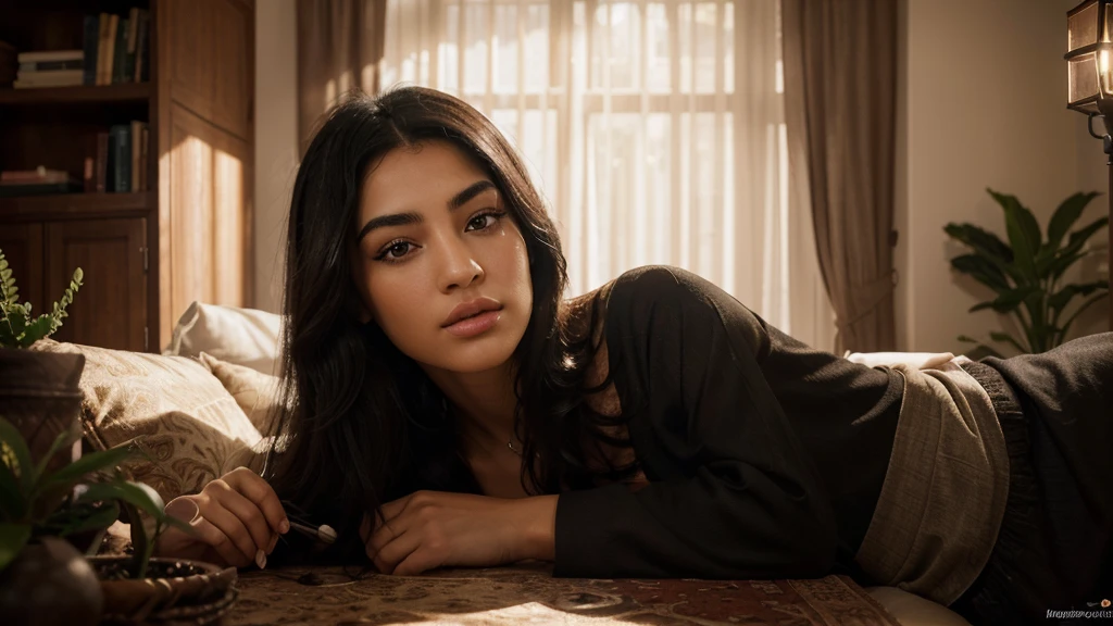 Create a highly detailed and photorealistic portrait of a Moroccan girl with long, black hair. She should have strikingly beautiful eyes, detailed lips, and flawless skin. Her gaze should be mesmerizing, framed by elegant facial features and a chiseled jawline. Include thick eyebrows and lush eyelashes, capturing the essence of her warm lighting and soft focus. The composition should feel cinematic, with rich colors, dramatic shadows, ambient occlusion, and volumetric lighting to enhance depth and realism. The final artwork should be in the highest quality, suitable for 4k or 8k resolution, aiming for a masterpiece level of detail and realism.