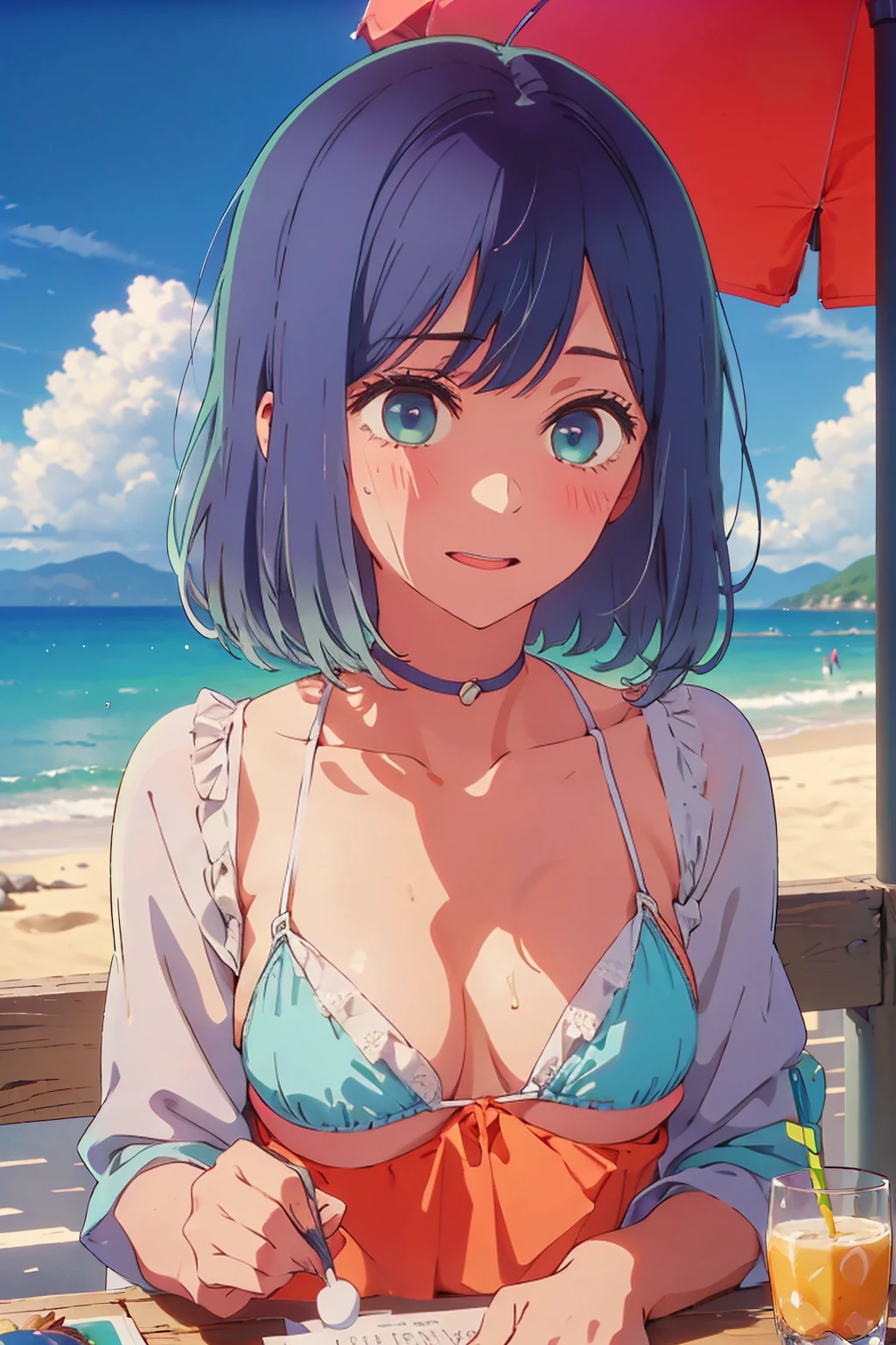 (Highest quality:1.4、masterpiece:1.4、Super detailed:1.4、8K:1.4)、((((1 person、Surprised expression、sit、Outdoor café terrace、coastal、juice、table、Sandy Beach、juiceのグラスを持つ、Plain Bikini、The depth of the written world、Very soft boobs、Big eyes、Very cute face))))、F cup bust、Medium breast、Underboob