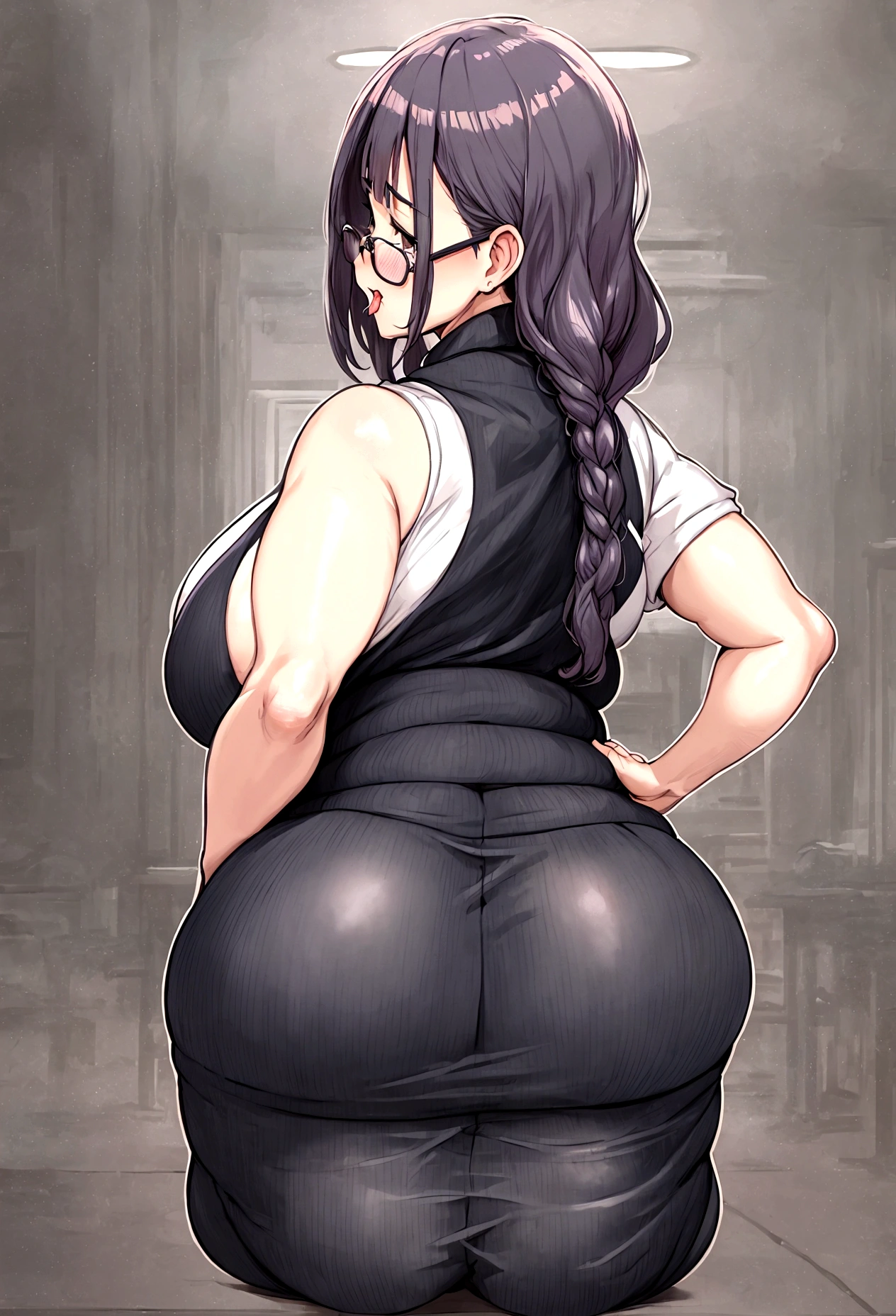 Anime-style image of a woman wearing a short skirt and glasses, hyperRealistic , a hyperRealistic , chic, Realistic , , Gwaiz, artwork in the style of Gwaiz, (SFW) Safe at Work, [ 4k digital art ]!!, Short full body portrait!,(masterpiece), (One serious civil service commissioner: 1.3), (Super thick and plump body: 1.3), (Huge breasts and buttocks)), (Small Head: 1.2), (Very small uniform)), (Shiny skin: 1.2), (A speech while crouching in the stands in the schoolyard in the morning)), {fat},1boy, penis, doggystyle, from behind, spreadassms, chubby body, fat body, short,ultra detailed, masterpiece, best quality, blush, a woman, rolling eyes, open mouth, school girl, wearing , wearing glasses, classroom, sunset, light particles, hdr, brown grey hair, midium wavy hair, shiny hair, bang, single braid, clear grey eyes, Smiling Kiss, Tongue Out, アニメ ,orgasm face, sexual climax, bitch, back shot, back view, low angle, from below, back view, arched back, looking back, all fours, chubby body, BIG ASS , saliva, BBW, slender waist, anal, seiza, hands on head,white eyes, Hand Drawn, Showing Ass, Bobcut, Knee socks, (Super thick and plump body: 1.3), Butt sticking out, Close your legs, seiza, spread legs, pleated skirt, Stretch your arms back, long pleated skirt, I can&#39;t see your butt, Buttocks hide, Arms folded behind back, Super big butt, Awesome numbness , Plump , Chubby, Butt sticking out,