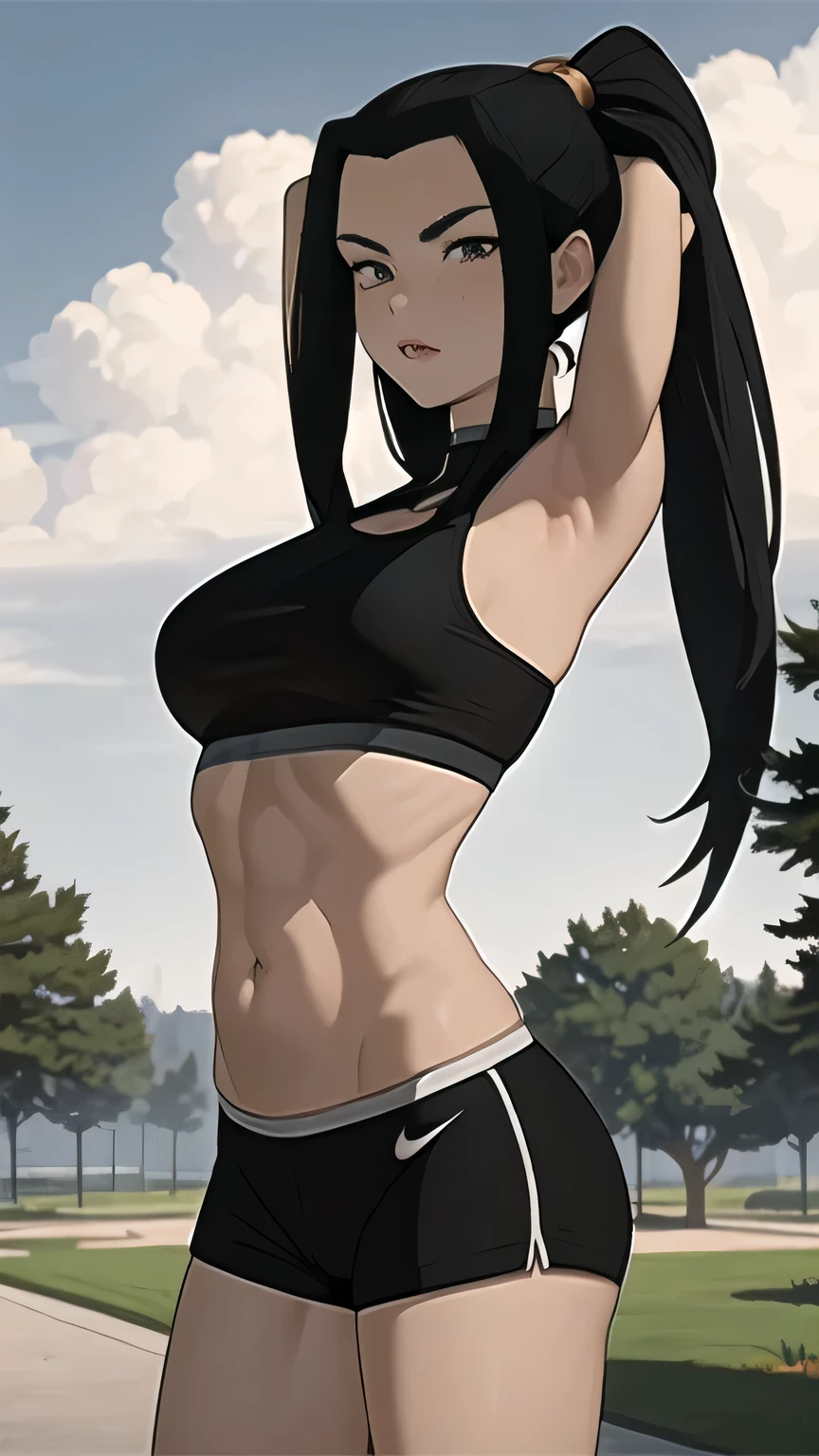 1woman, muscles, fighting stand, black short hair, hoodie, skirt, sport bra, holding katana