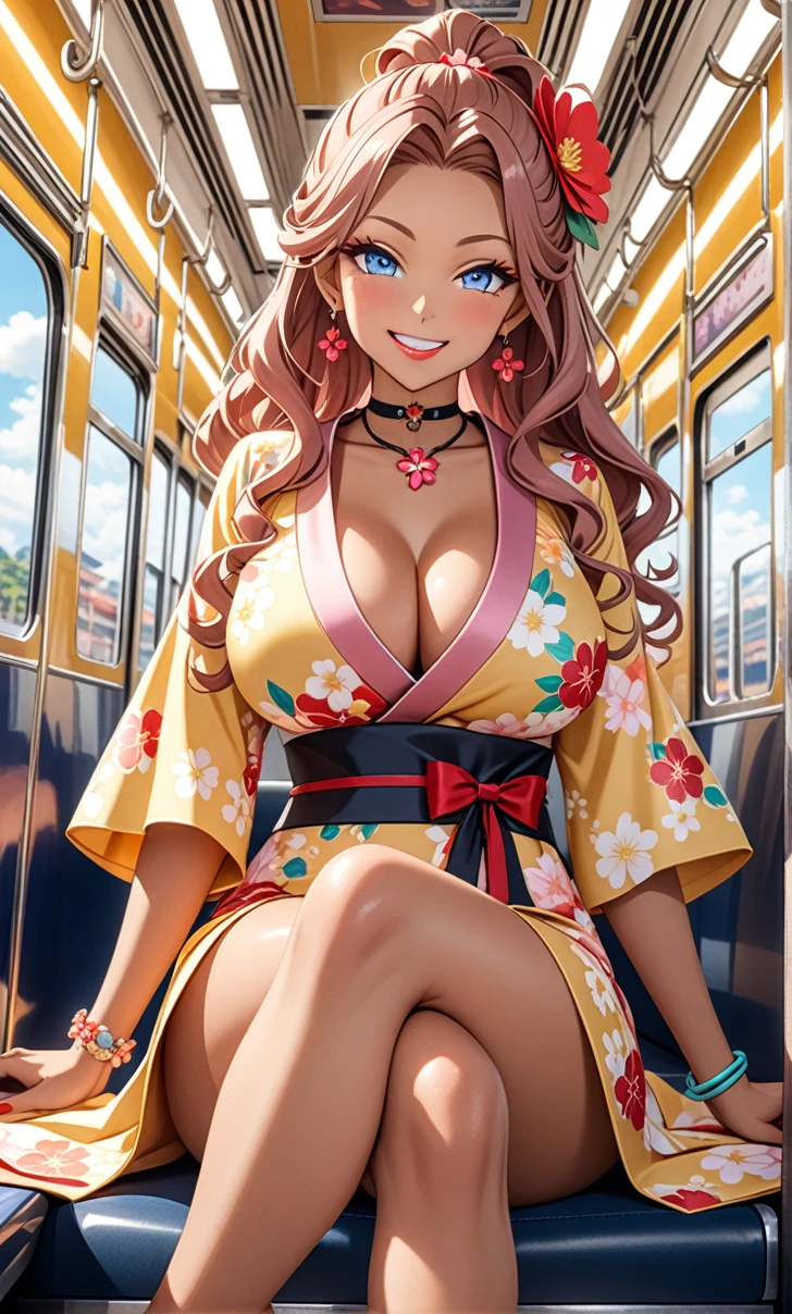 ultra-detailed, ((one girl)), ( (tan skin:1.2)), in pastel colors gyaru, (heavy makeup), hyper detailed, absurdres, 8K, Beautiful Face, (Laugh shyly), ((teasing smile:1.8)), ((Wink:1.7)), (Laugh with your mouth wide open),((Tilt your head:1.6)), View your viewers, ((Bright red cheeks:1.6)),Glossy Red Lips, ((Big Breasts:1.5)), (show off breast), noon, on the train, (Brighten your face), ((Anime style background)),masterpiece, Highest quality, so beautiful,Latest, Complex details, (Pink long nails), (nail art), (ring),(bracelet), (Floral Choker),AI-generated, Complex,High resolution, Highest quality, super high quality,3D Images、3D Images,One person,Yellow long hair,(High Ponytail), (wavy hair:1.3), Pastel anime woman posing for a photo, ((Fine grain、blue eyes、glowing eyes:1.4)), (Squint your eyes:1.1),a hyperRealistic , hyperRealistic , Realistic,Long yellow anime woman, Smooth anime CG art, A girl in a gorgeous pastel-colored kimono, ((Pastel-colored furisode)),(Pink large floral pattern) ,Long flower hair ornament,Floral Earrings,Mature Body, tall,Narrow waist, ((Sit in your seat:1.3)), ((Crossing your legs:1.7)), ((Shooting from below at an angle)),