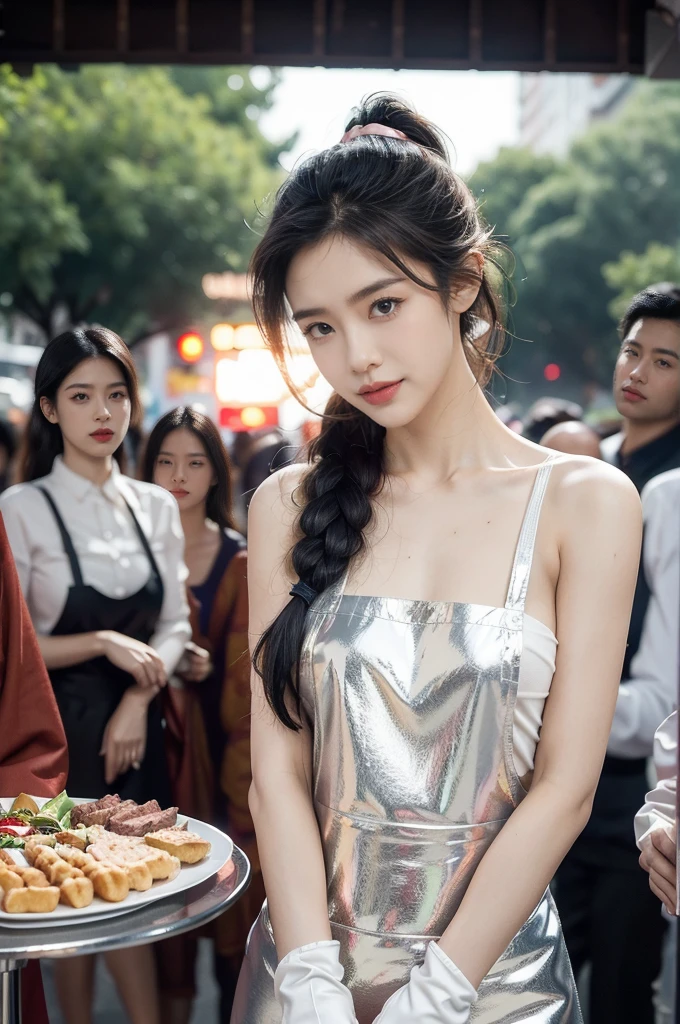 (((best quality))),(((ultra detailed))),(((masterpiece))),illustration,((1 beautiful girl,solo)),((slim,thin)),((small breasts,flat chest)),summer night,metropolis,barbecue joint,humble,vibrant energy,city that never sleeps,(short ponytail:1.2),(((female orgasmic,blush))),(sweat:1.3),(shiny skin:1.5),(sheer apron:1.3),((bare shoulders,bare arms)),(gloves:1.3),(slender legs:1.2),lightweight,practicality,style,sizzling hot grill,smooth,tanned skin,soft glow,skillfully,skewers,meat,intense concentration,bright eyes,alert,passion for work,atmosphere,vibrant,dynamic,laughter,conversation,sizzle,crackle,aromatic scent,tinged,radiant smile,genuine enjoyment,easy manner,warm presence,community,dedication,beauty in simplicity,midst of bustling city streets,outdoor,midnight,((from front,upper body)),(surrounded by crowded crowds:1.3)